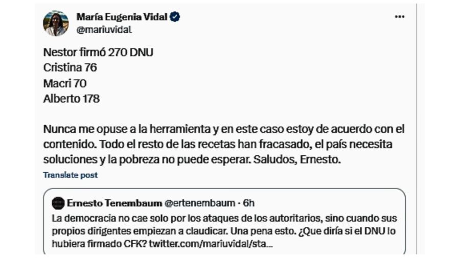 Polémica Ernesto Tenembaum-María Eugenia Vidal 20231228