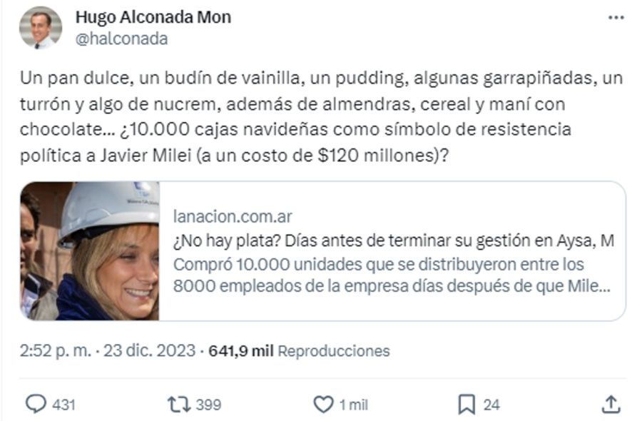 Tweet de Malena Galmarini contra Alconada Mon 20231228