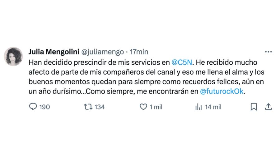 Julia Mengolini anunció que fue despedida de C5N: 