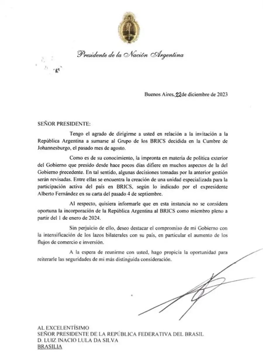 La carta de renuncia de Argentina a los BRICS.