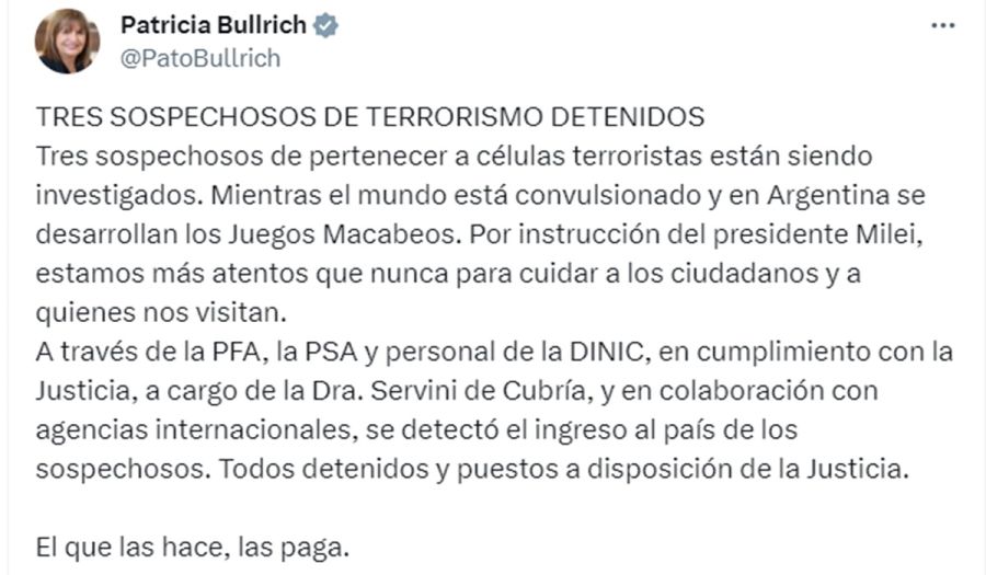 Posteo de Bullrich tras la detención de los sospechosos de terrorismo