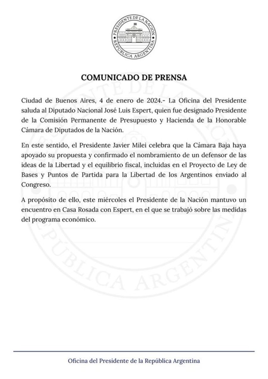 Comunicado de la Oficina del Presidente Javier Milei