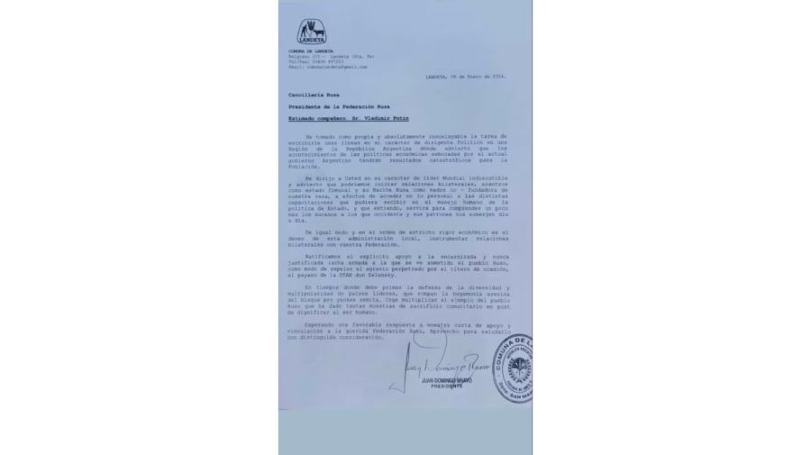 Un jefe comunal de Santa Fe le envió una carta al presidente ruso para iniciar “relaciones bilaterales”