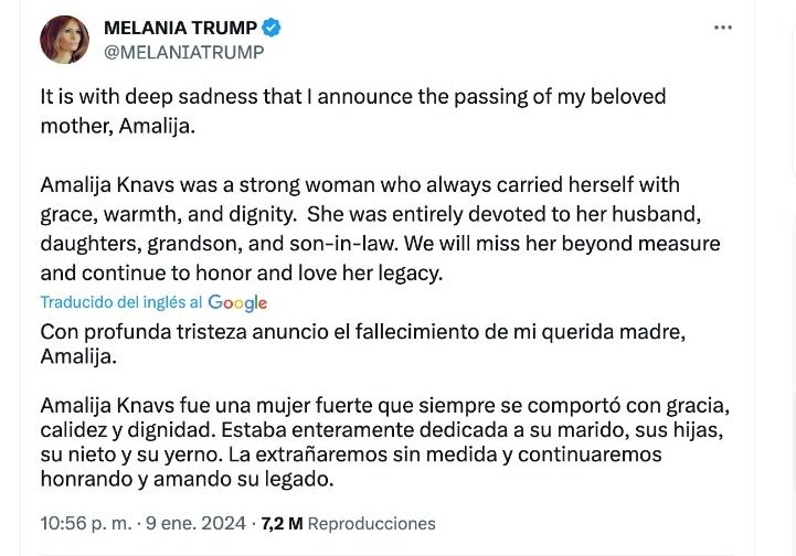 Melania Trump devastada por la dolorosa pérdida de su madre: 