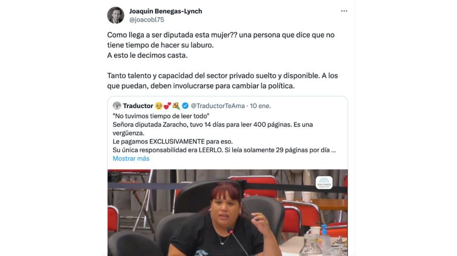 Bertie Benegas Lynch defendió a su hermano Joaquin, que había tuiteado contra la diputada Natalia Zaracho