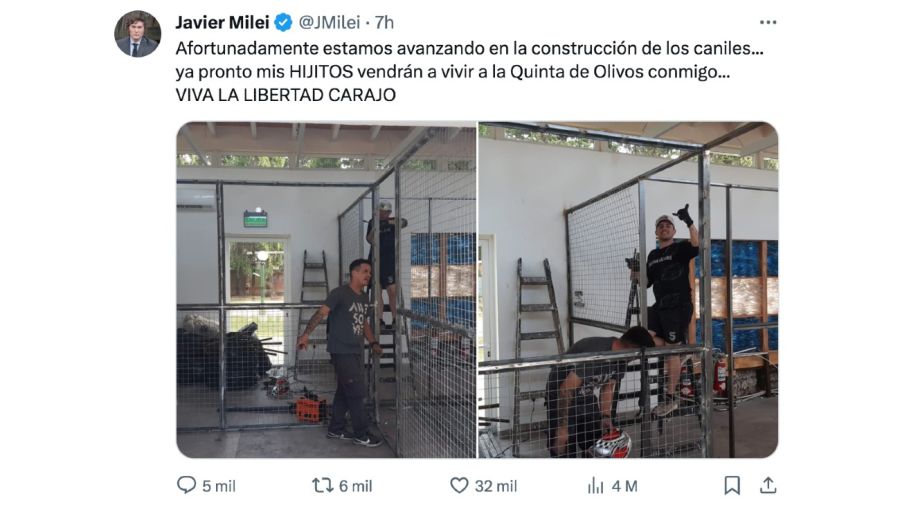 Diego Brancatelli contra Javier Milei por como son los caniles para sus perros en la Quinta de Olivos: 