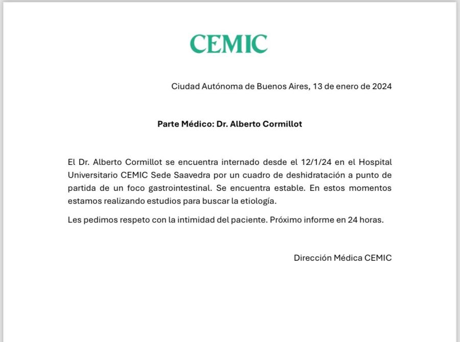 El parte médico de Alberto Cormillot