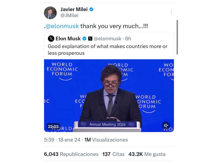 Los posteos de Javier Milei luego de Davos 20240118