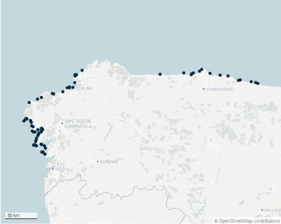 Los puntos de la costa de Galicia y Asturias donde se ha denunciado la presencia de pellets de plástico
