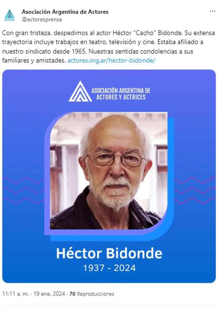 Murió el actor Héctor Bidonde, leyenda del teatro argentino