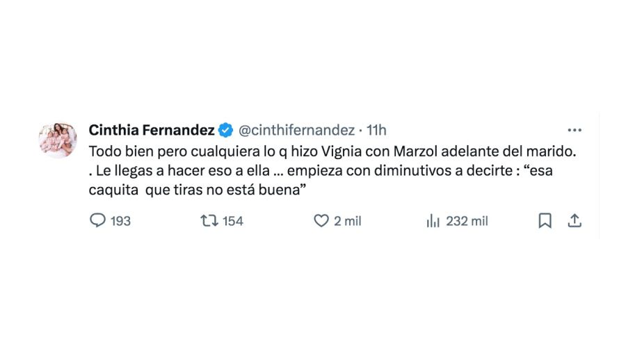 Cinthia Fernández cuestionó a Flor Vigna por exponer el pasado amoroso de Noelia Marzol en el Bailando 2023