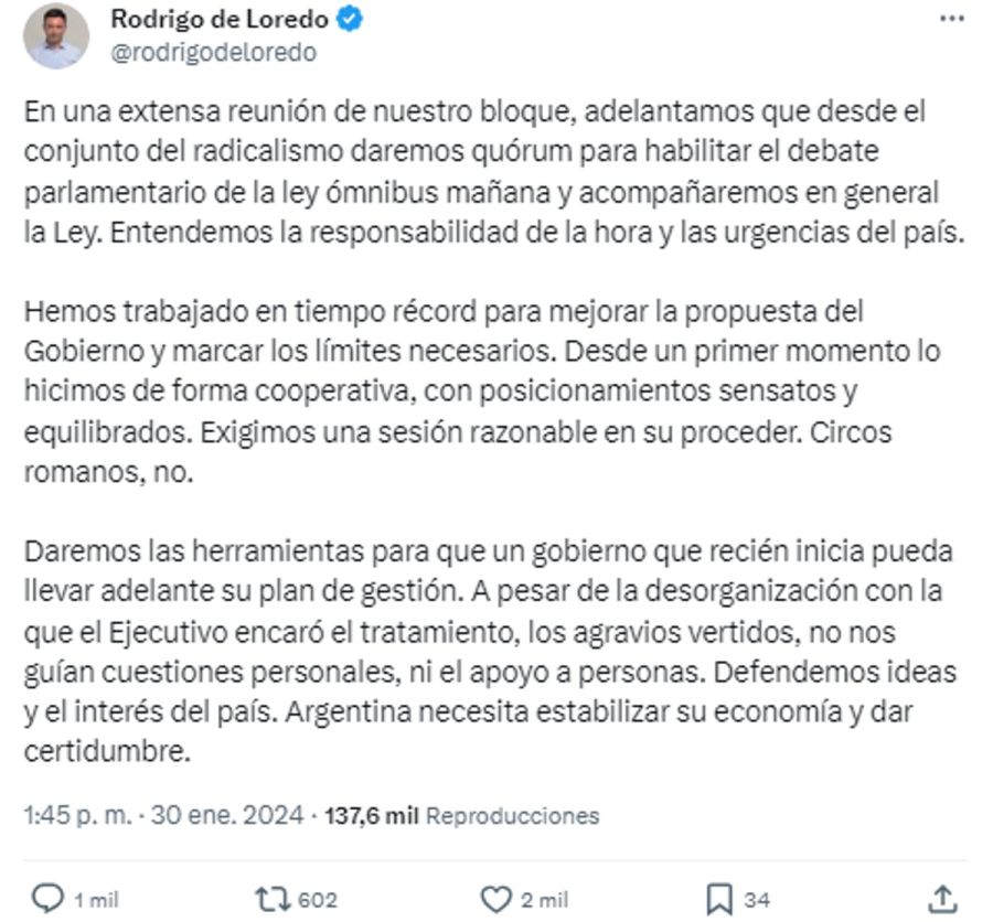 Tweet de Rodrigo de Loredo sobre la Ley ómnibus 20240130