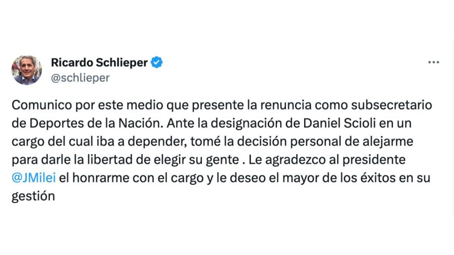 Renunció el subsecretario de Deportes del gobierno de Javier Milei, Ricardo Schlieper
