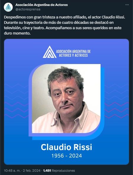 La Asociación de Actores despide a Claudio Rissi