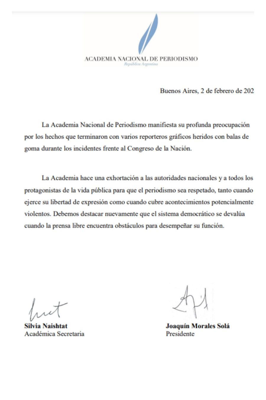 Comunicado Academia Nacional de Periodismo