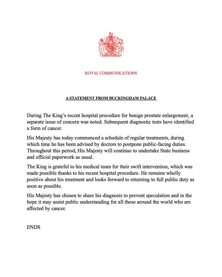 Comunicado oficial por la salud de Rey Carlos III 