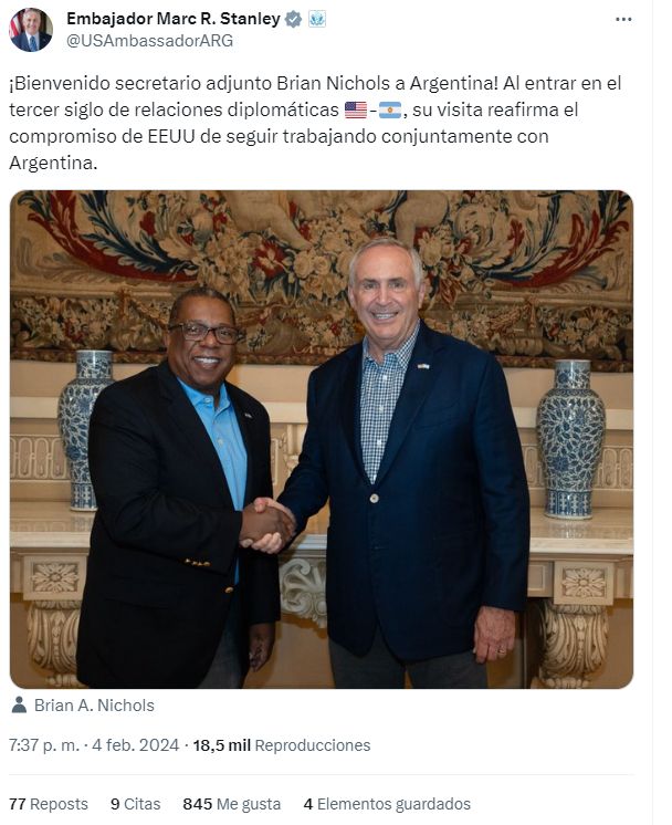Tuit del embajador de Estados Unidos en Argentina, Marc Stanley
