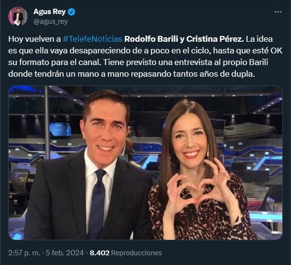 Agustín Rey sobre el futuro de Cristina Pérez en Telefe Noticias
