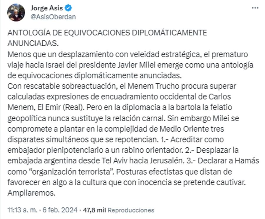Tweet de Jorge Asís contra Milei 20240206