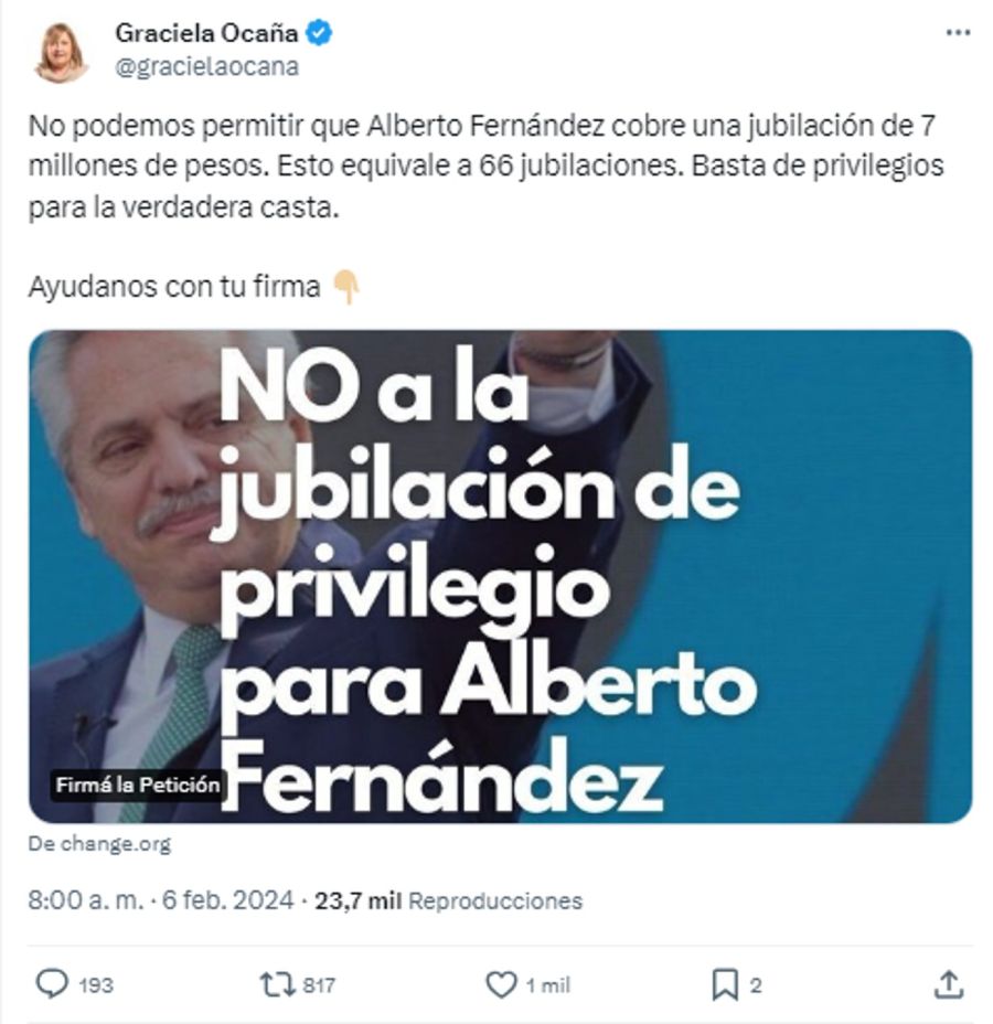 Tweet de Ocaña contra la jubilación de Alberto Fernández 20240206