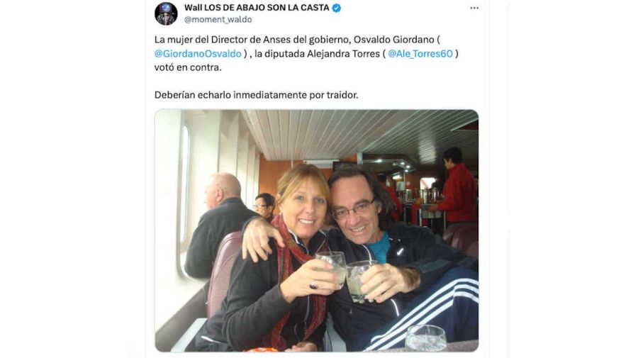 Tweet La mujer del Director de Anses del gobierno, Osvaldo Giordano , la diputada Alejandra Torres votó en contra 20240207