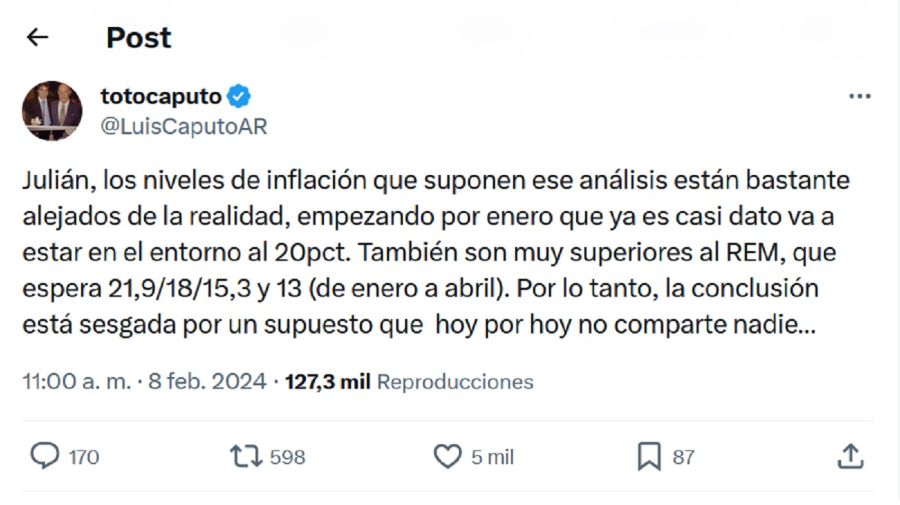 El tuit de Luis Caputo negando un atraso cambiario