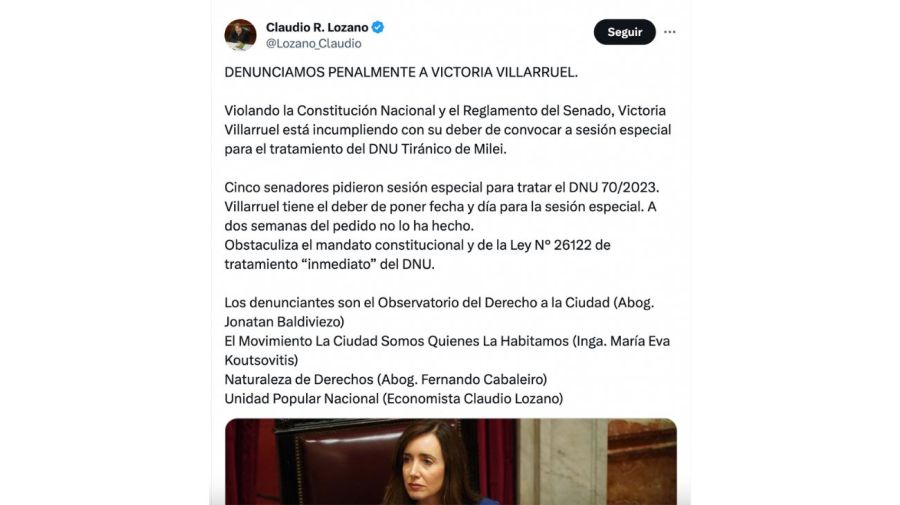 Denuncian penalmente a Victoria Villarruel por no convocar a una sesión especial en el Senado