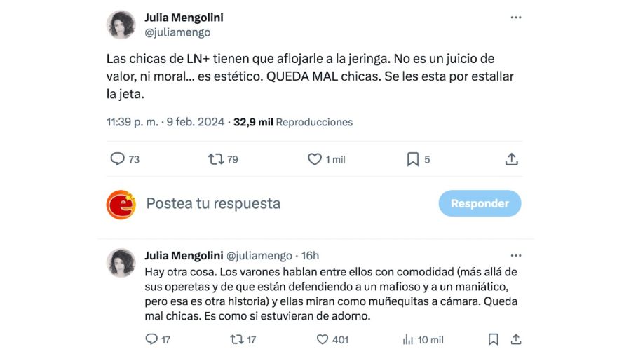 Julia Mengolini criticó a las periodistas de La Nación +: 