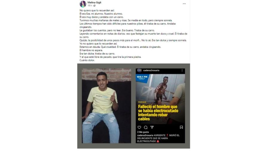 El desgarrador posteo de la profesora del joven que murió electrocutado en Rosario por robar cables