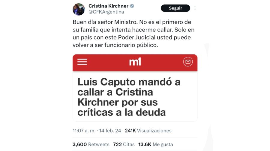 Respuesta de Cristina Kirchner a Luis Caputo