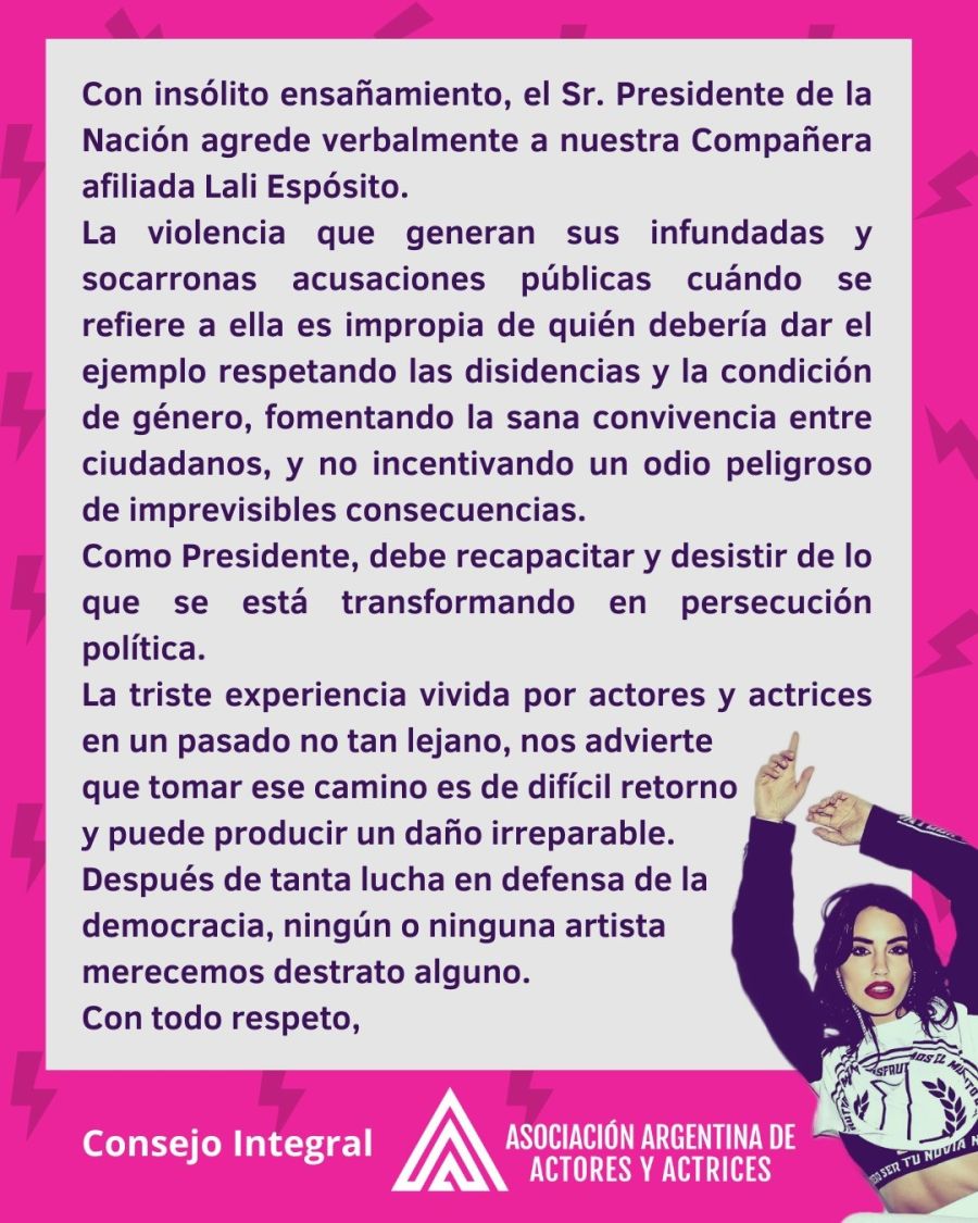 La Asociación Argentina de Actores defendió a Lali Espósito