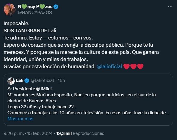 Nancy Pazos defendió a Lali Espósito por los dichos de Javier Milei