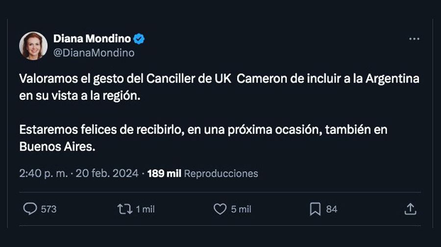 Valoramos el gesto del Canciller de UK Cameron de incluir a la Argentina en su vista a la región.