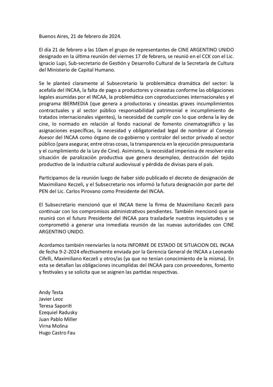 Comunicado de CINE ARGENTINO UNIDO sobre encuentro con autoridades del Ministerio de Capital Humano 