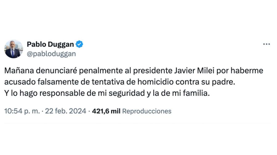 Pablo Duggan denunciará penalmente a Javier Milei por acusarlo de “operar” contra el padre del presidente para provocarle la muerte