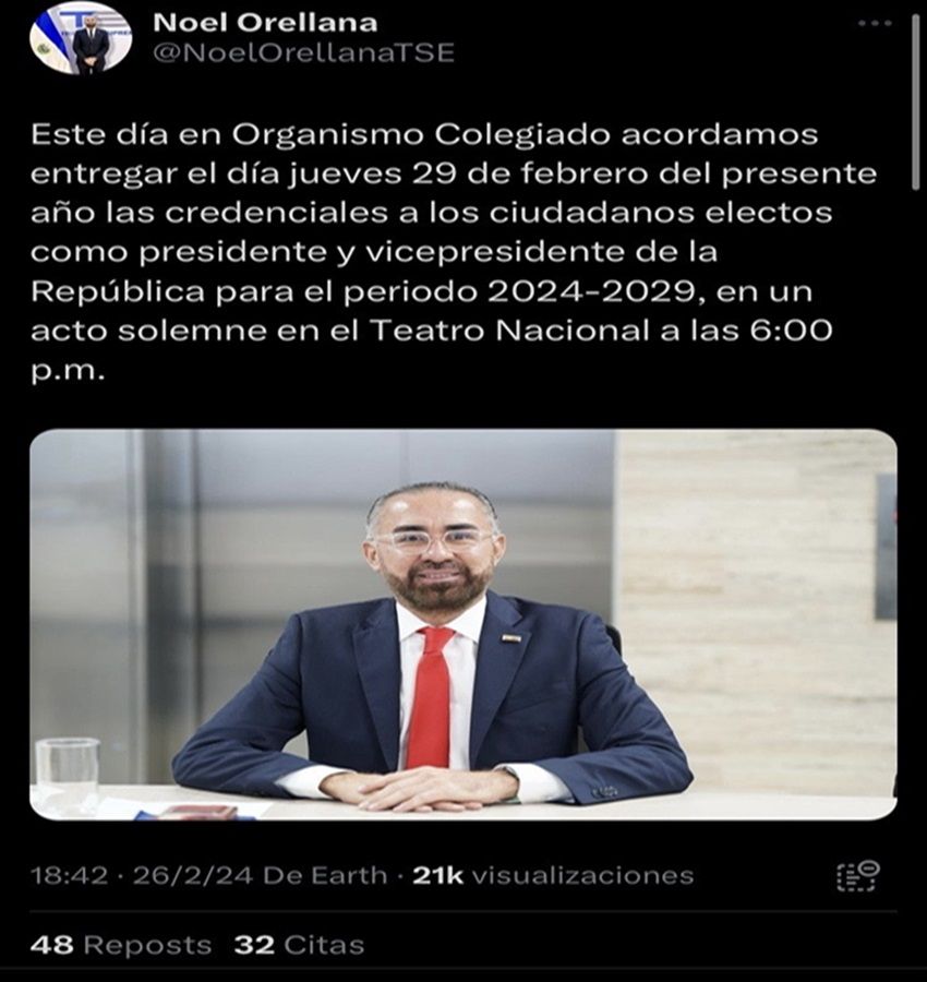 Tuit del magistrado del Tribunal Supremo Electoral, Noel Orellana