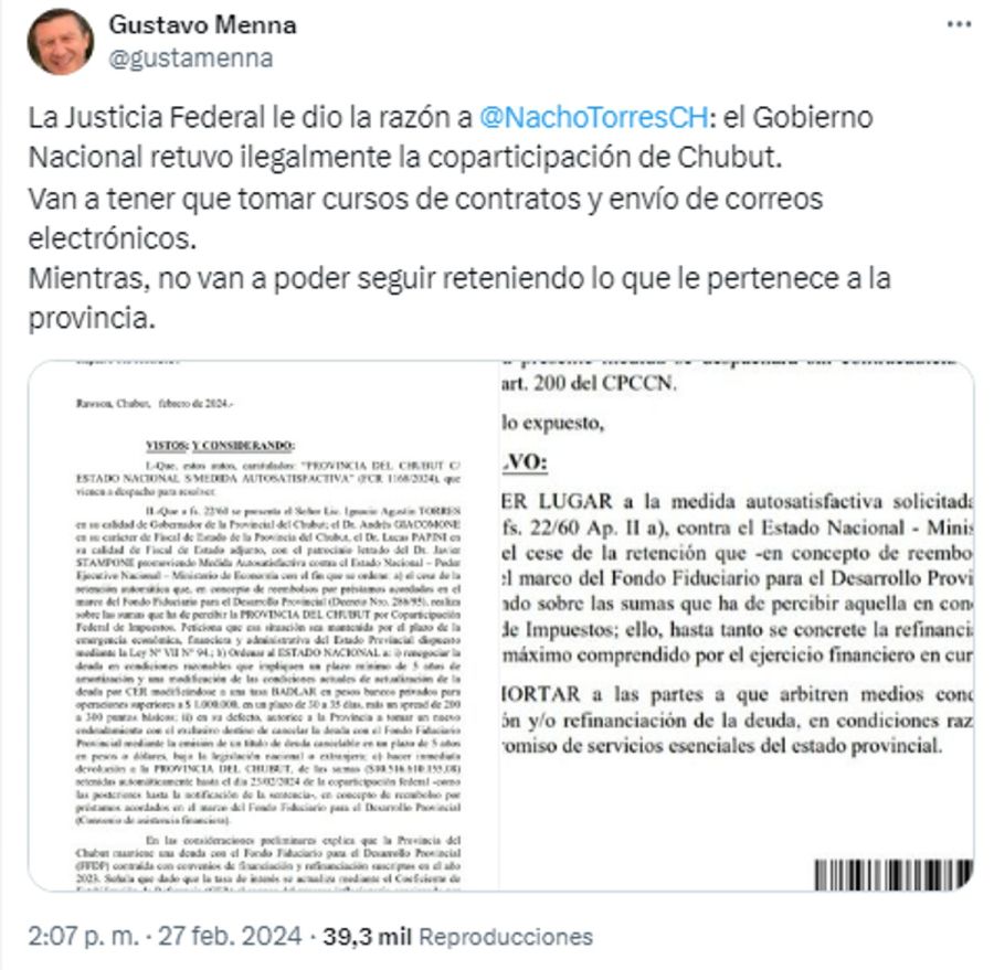 Tweet de Gustavo Menna 20240227