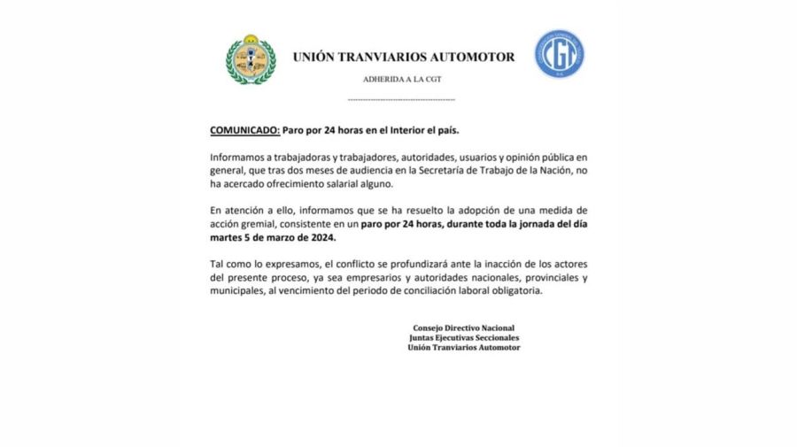 Comunicado de la UTA anunciando paro de colectivos para el 5 de marzo