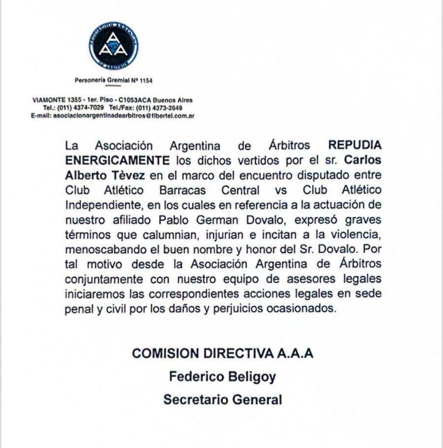 El comunicado de la Asociación de Árbitros Argentinos (AAA) apuntando en contra de Carlos Tevez