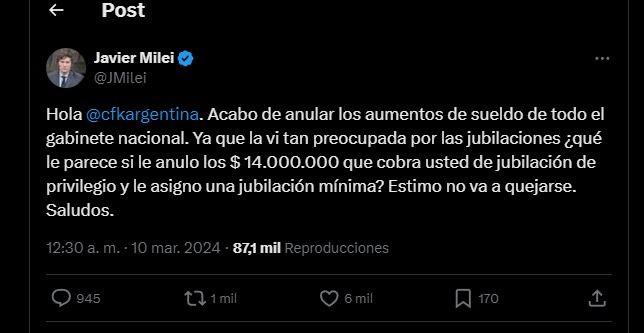 El tuit de Milei a Cristina Kirchner, en la madrugada del domingo 10 de marzo.