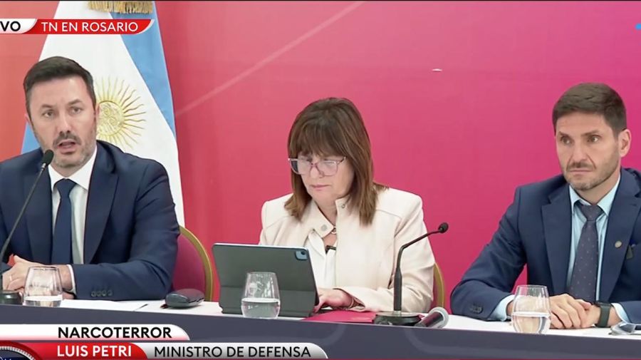 Conferencia de prensa de Patricia Bullrich, Luis Petri y el gobernador Pullaro en Rosario
