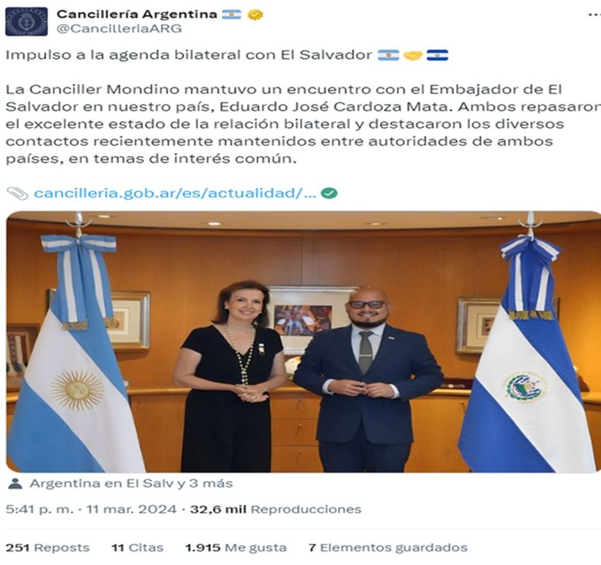 Tuit de Cancillería sobre el encuentro entre los Cancilleres de Argentina y El Salvador