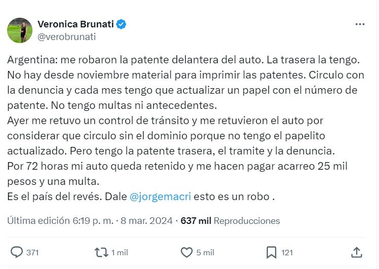 Verónica Brunati en la red social X