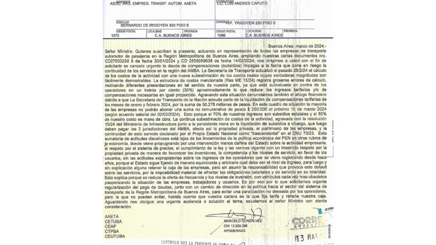 Las empresas de colectivos del AMBA le mandaron una carta documento a Caputo
