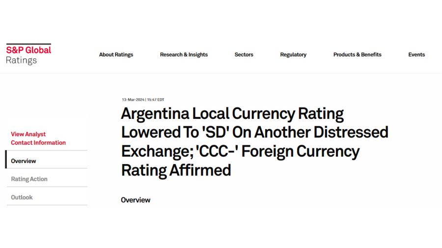 SyP declaró un default selectivo en la Argentina tras el canje de deuda de Caputo