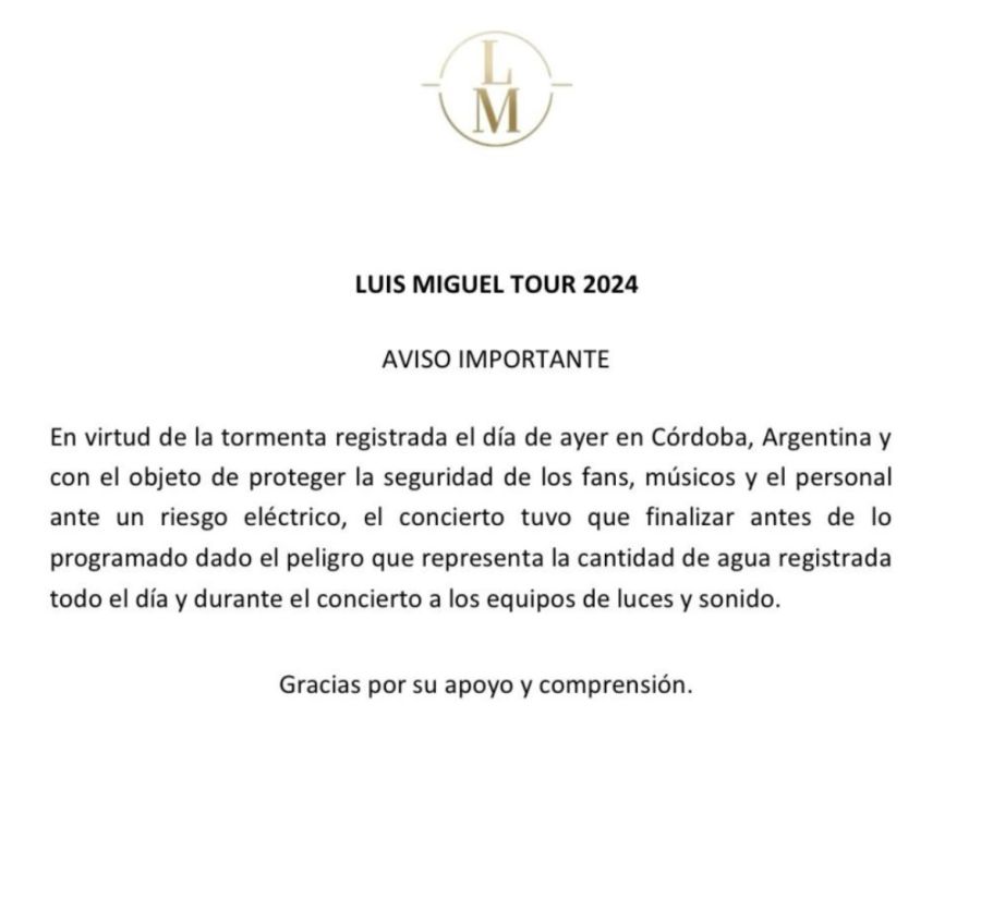El comunicado de Luis Miguel tras cancelar su show