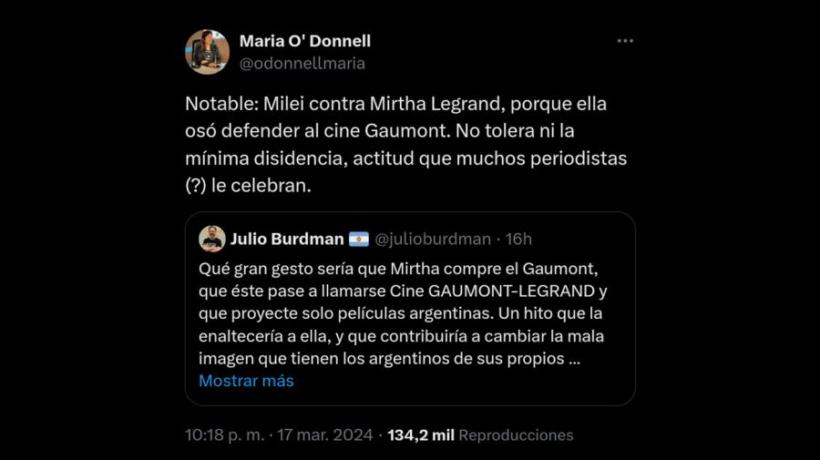 Tuit del presidente Javier Milei contra Mirtha Legrand por defender al Incaa