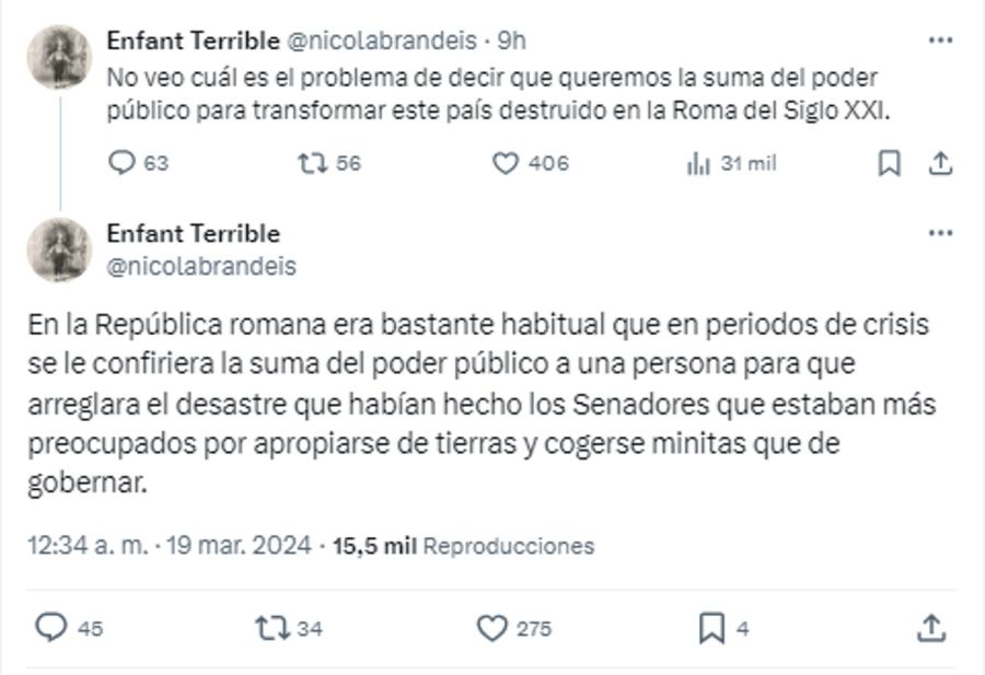 Los tweets de la cuenta que le atribuyen a Santiago Caputo 20240319