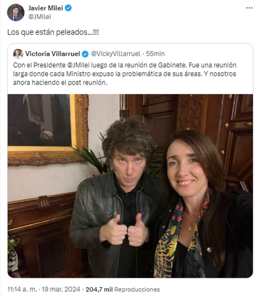Tweet de Javier Milei con Victoria Villarruel 20240319