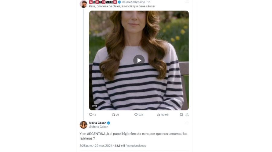 Mensaje Moria Casan por Kate Middleton repudio